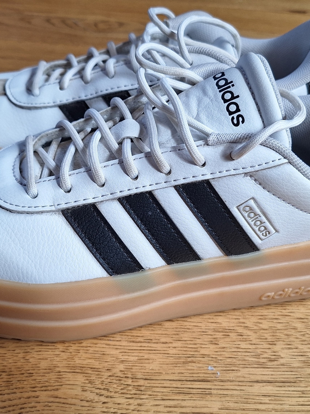 adidas Women’s White Sneakers with Black Stripes and Gum Sole Platform